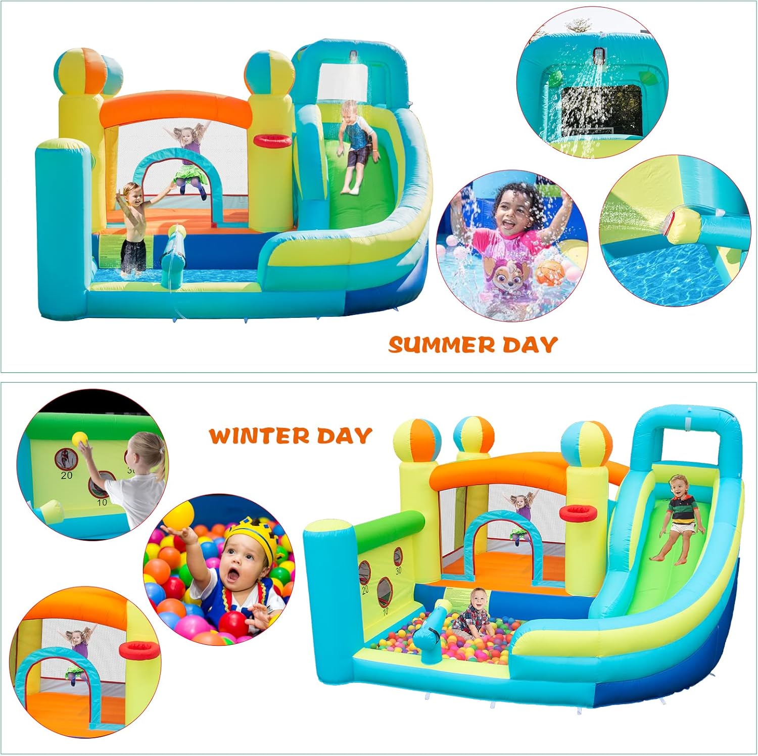 Inflatable Water Slide Park for Kids Backyard, Inflatable Bounce House with Air Blower – Bouncy Castle with Climbing Wall, Jumping, Water Gun, Splash Pool, Basketball Hoop for Outdoor Party