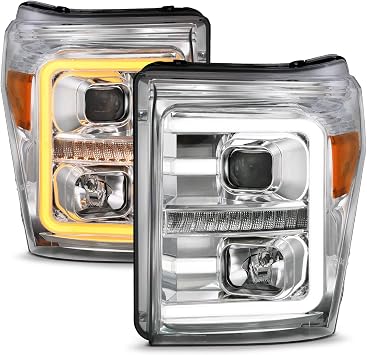 AmeriLite Replacement Headlights for 2011-2016 Ford F250/350/450 Super Duty Switchback LED Tube Projector Chrome Assembly Set - Passenger and Driver Side