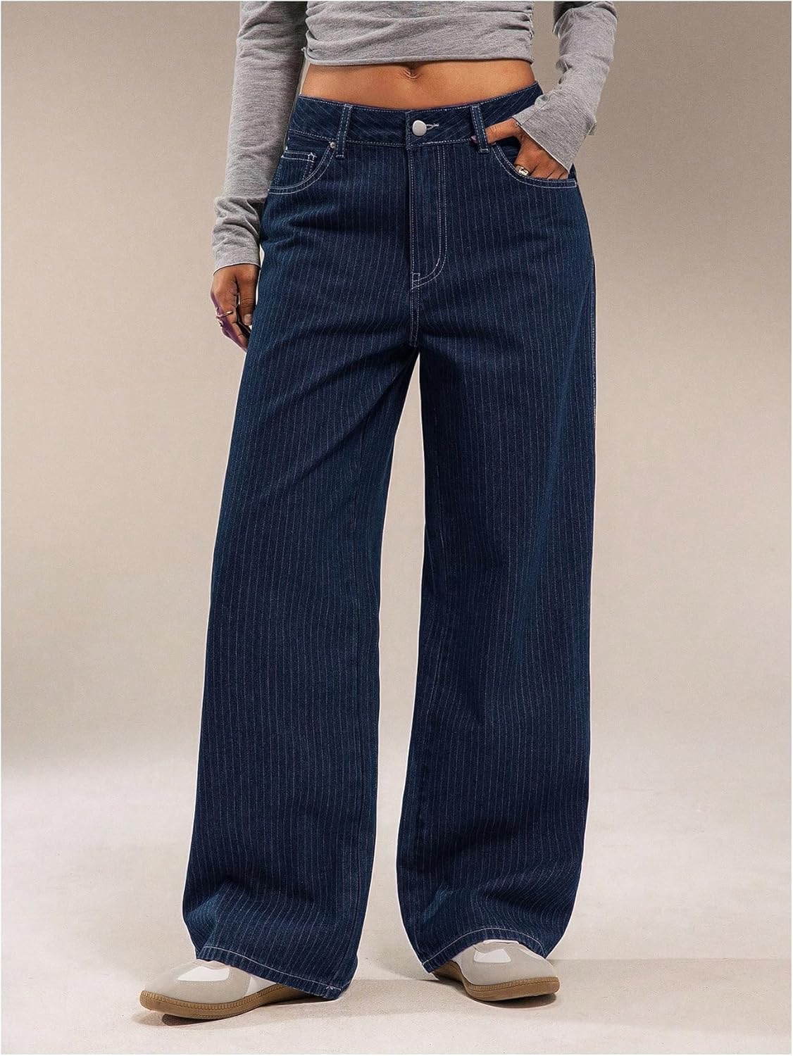 OYOANGLE Women's Striped Wide Leg Jeans Casual Pinstripe Denim Baggy Low-Rise 90s Trendy Pants with Pocket - Image 5