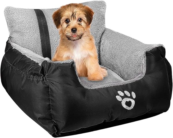 FRISTONE Dog Car Seat, Travel Carrier with Clip-on Safety Leash and Storage Pocket - Comfortable and Anti-Slip for Puppy, Small Pet - Black - 1