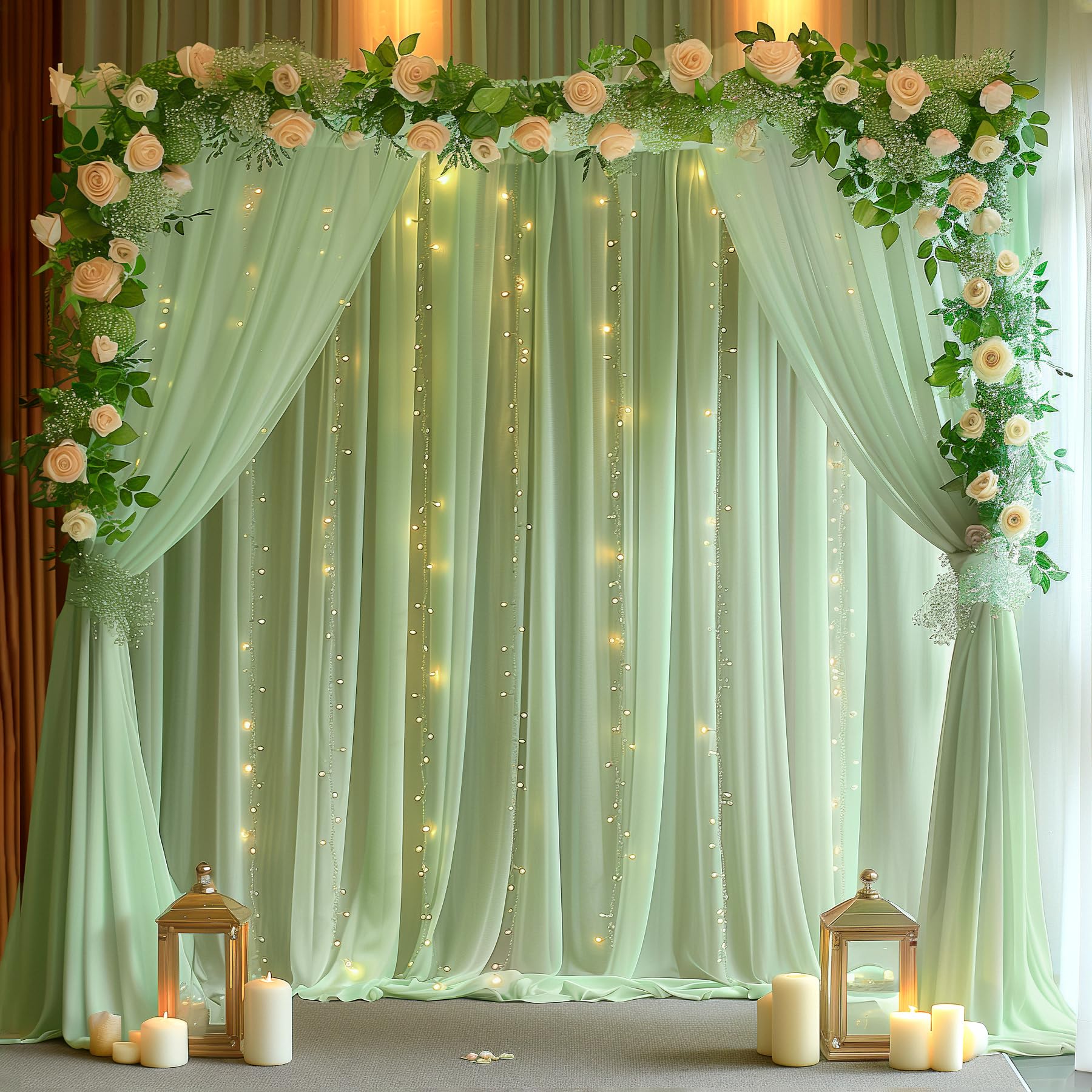 20ft x 10ft Green Backdrop Curtain with Lights String for Parties, Sheer Tulle Wedding Photo Backdrops Drapes for Baby Shower Birthday Party