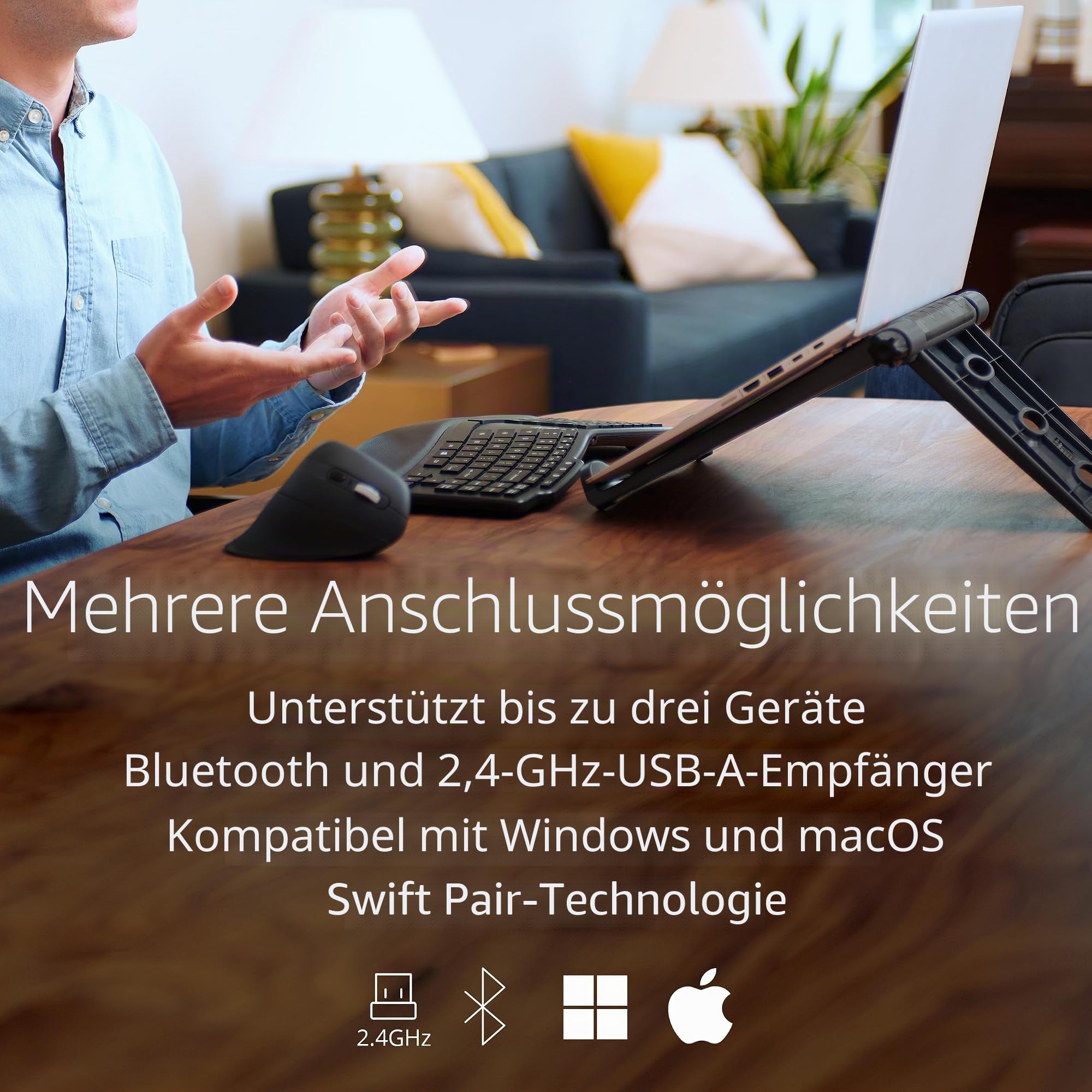 Kensington Pro Fit Ergo KB675 EQ Kabellose Tastatur, wiederaufladbar, Bluetooth-Tastatur, 2,4 GHz, AZERTY, kompatibel mit Windows & MacOS, enthält 43% recycelte Materialien nach dem Verbrauch