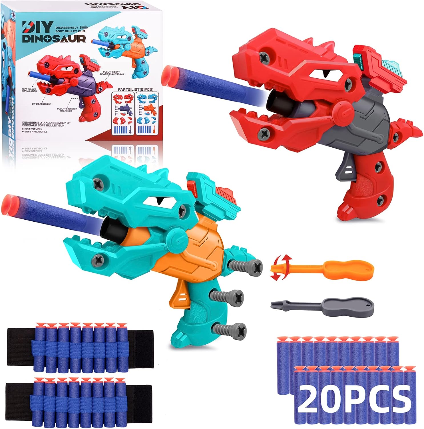 2 Pack Dinosaur Toys for 5 Year Old Boys, Outdoor Toys Dinosaur Toys for Kids 5-7 Boys Toys for 3 4 6 7 8 9 10 Years Old Girls Shooting Games for Kids Birthday Gifts Party with 20 Foam Bullets