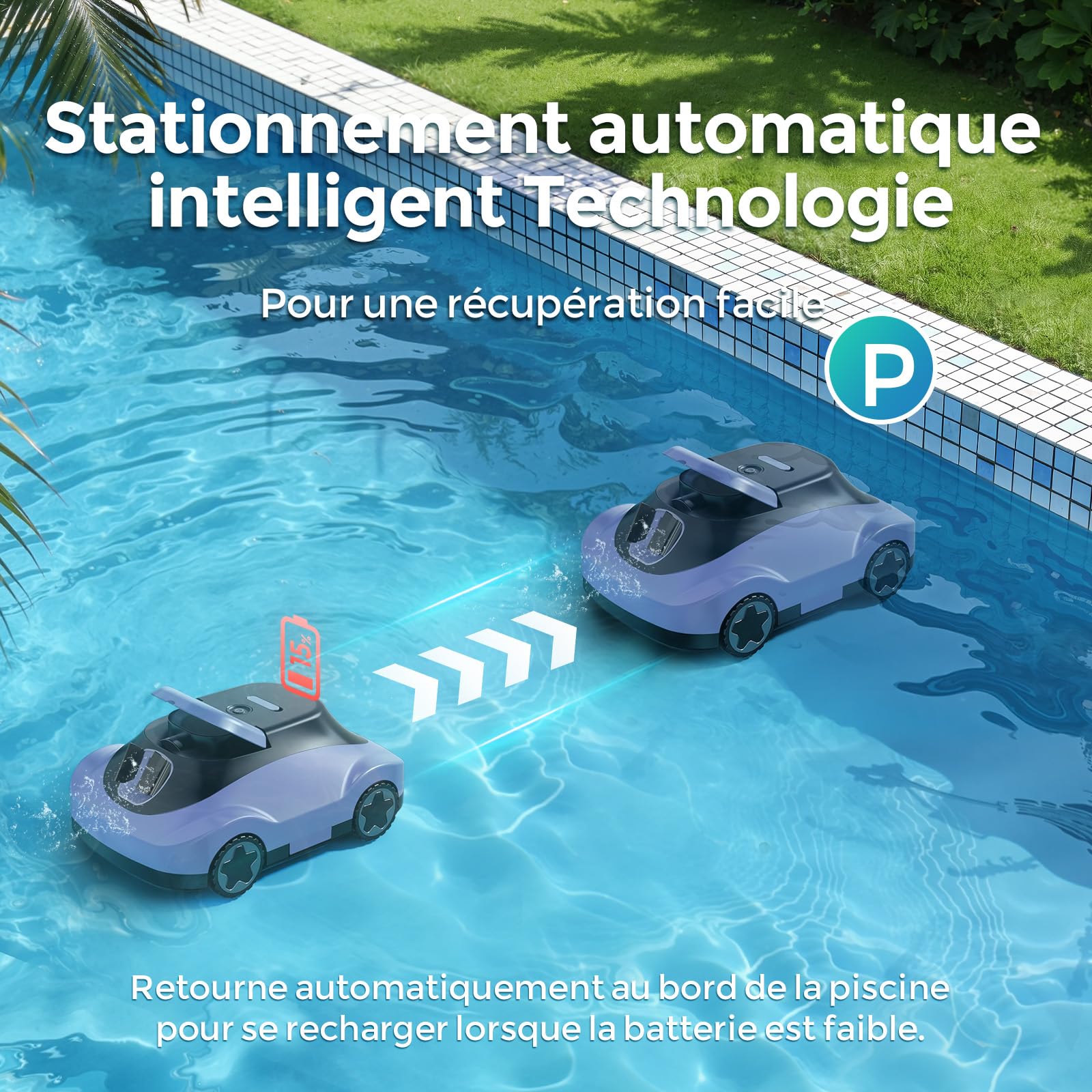 Robot Piscine, Aspirateur Piscine sans Fil, 180 Min d'Autonomie, Aspiration Puissante, Navigation Intelligente, Filtration Ultra-Fine, Auto-Parking, Robot Piscine sans Fil pour Piscines Hors Sol 200m²