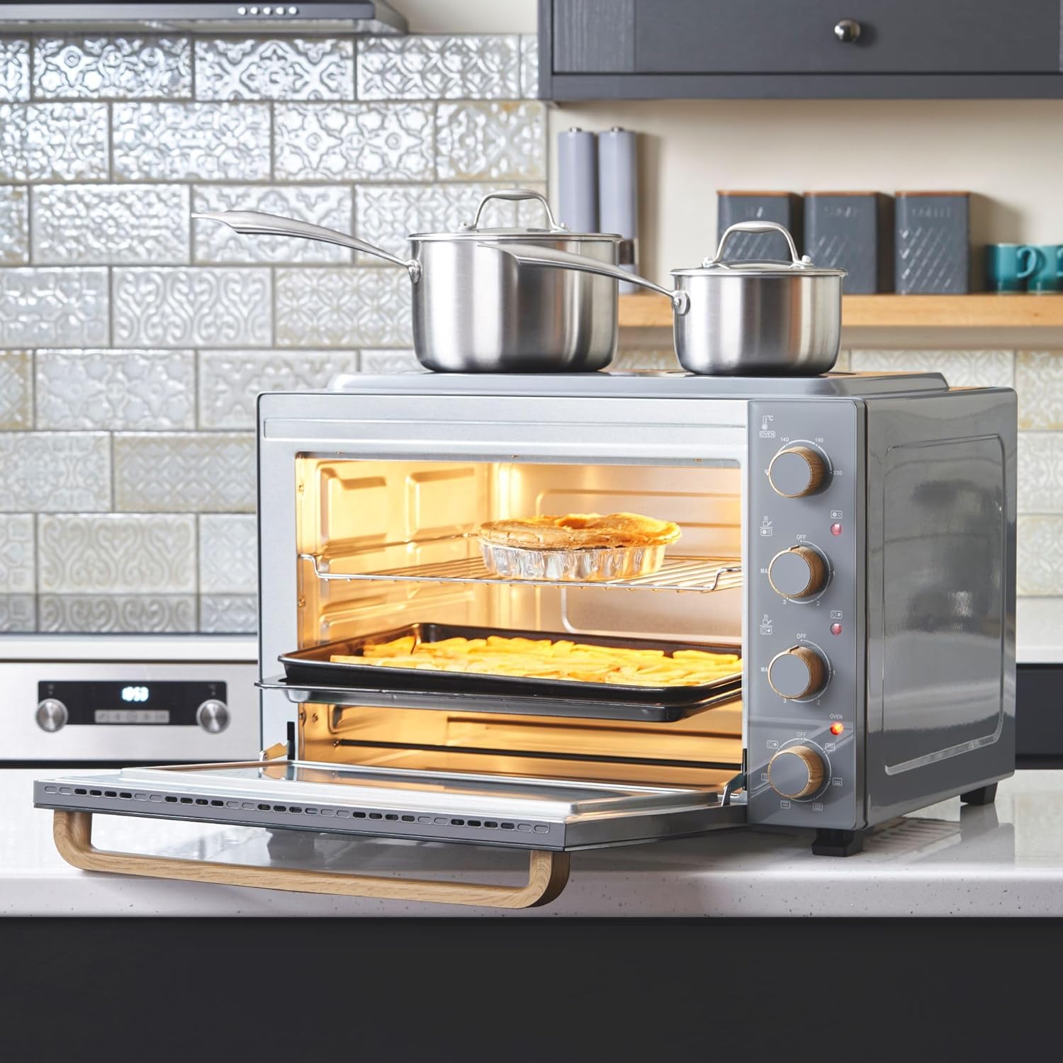 Cooks Professional Mini Oven with Ceramic Hobs | Energy Efficient Electric Countertop Cooker with Two Hobs & Wire Rack Baking Tray | Kitchen Table Top Grill Ovens | 48L Capacity... - Image 5