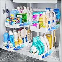 ARSTPEOE Organizer Sottolavello Cucina – Cassetto Estraibile, Scaffale Cucina a 2 Livelli, Mobile Sottolavello con Ganci, Organizer Cassetti, Bianco, 2 Pezzi
