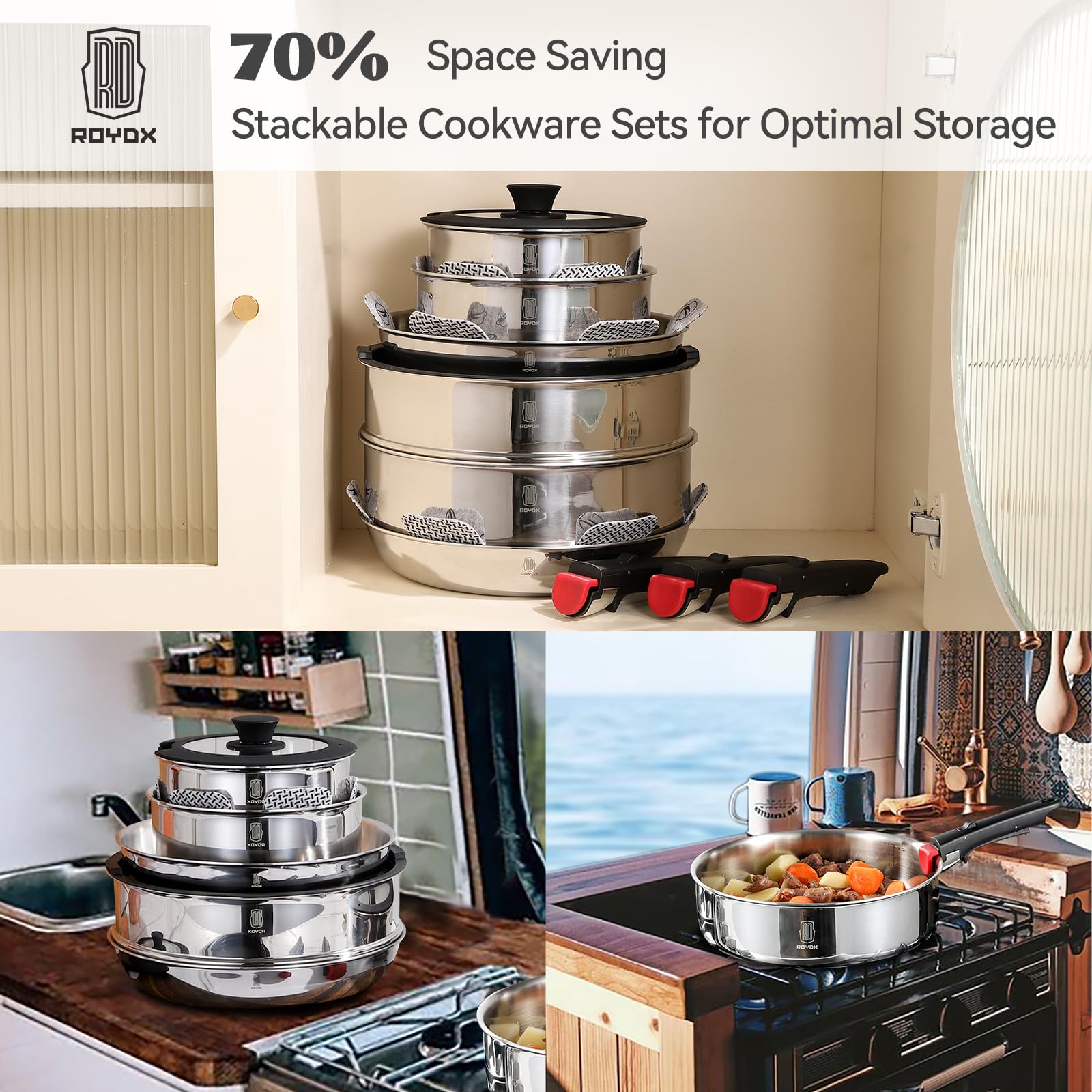 ROYDX 3-Ply Stainless Steel Cookware Set — Removable Handle Pots & Pans For All Stovetops