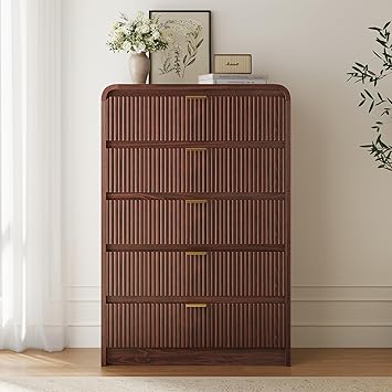FURSUN Fluted 5 Drawers Dresser for Bedroom, 48" Tall Wooden Modern Dresser with Metal Handle, Curved Profile Design, Storage Organizer for Living Room, Hallway, Dark Walnut