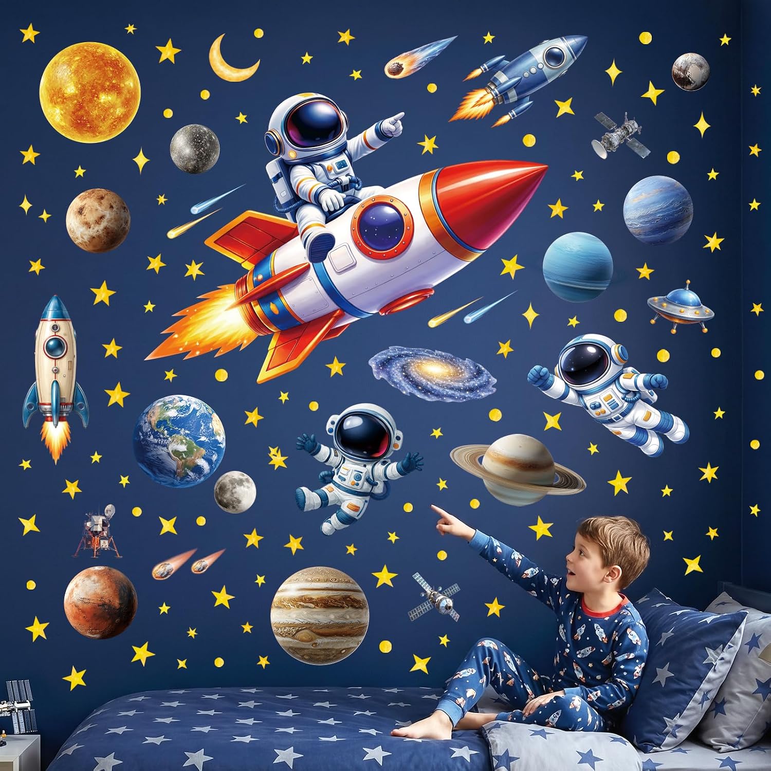 DECOWALL Space Wall Stickers for Kids – Astronaut, Rocket and Solar System Planet Peel and Stick Wall Decals for Boys Bedroom, Nursery & Playroom Decor (SG4-2605)
