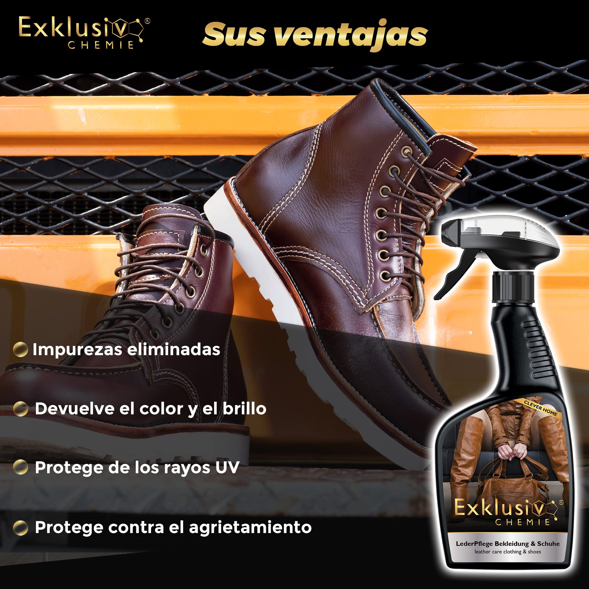 Exklusiv Chemie® Cuidado de la piel Ropa y calzado | Cuidado del cuero para ropa y zapatos de cuero | Spray para el cuidado del cuero | Limpiador de cuero | 500 ml | Para chaquetas de cuero, zapatos de cuero y bolsos de cuero