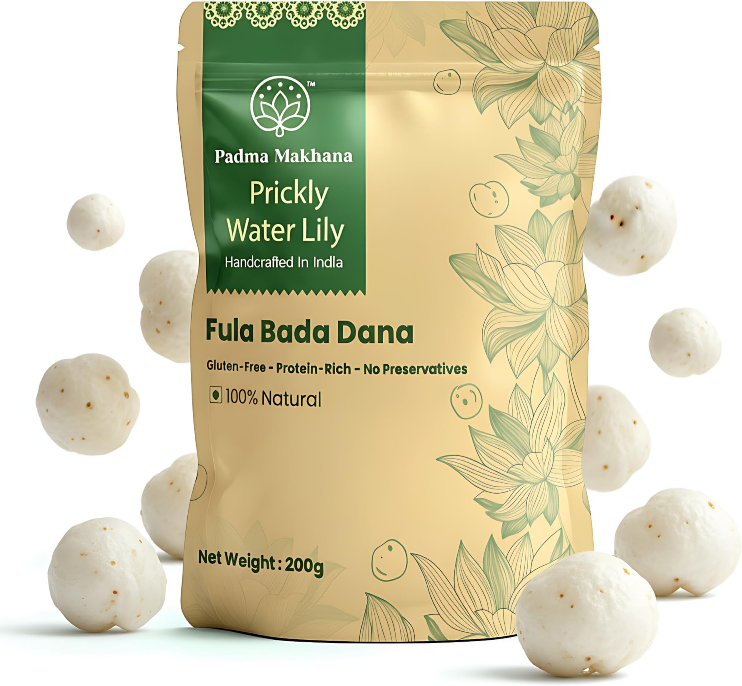 - Plain Makhana|Phoola Bada Makhana|Calcium rich healthy Snack|All Natural Fox Nuts (Phool Makhana) 200g | Low Calorie Superfood(PACK OF 5)