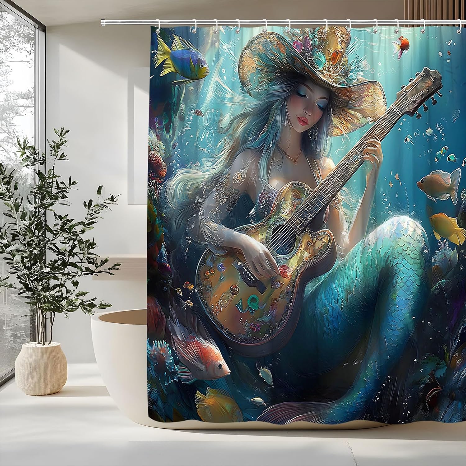 Mermaid Shower Curtain Nautical Blue Ocean Funny Little Fish Mermaid Princess Green Teal Sea Coastal Coral Reef Watercolor Fantasy Underwater Animal Decorative Curtain with Polyester Fabric