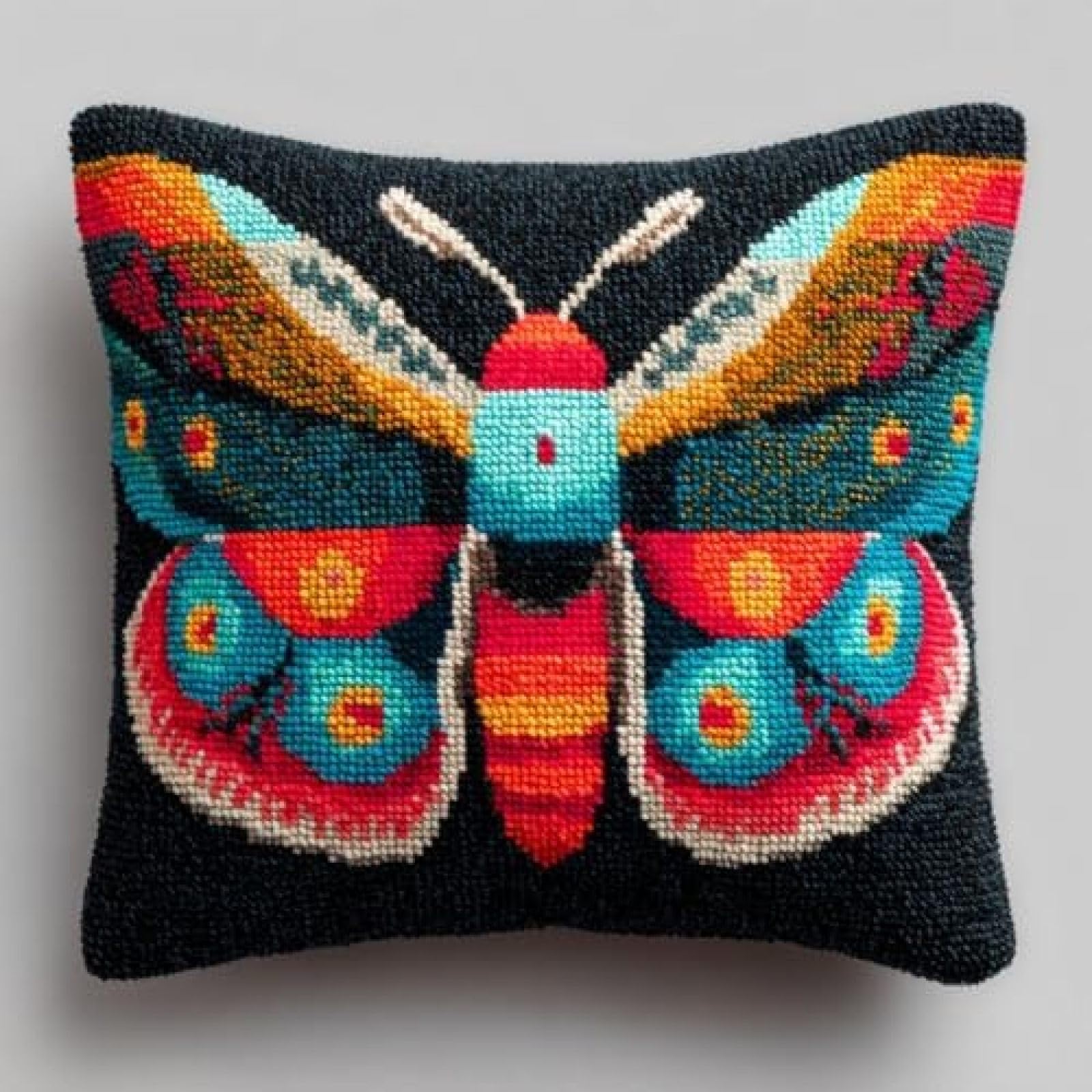 kitphoenix DIY Latch Hook Cushion Kit Moth Black Background,Beginner-Friendly Rug Hooking Pillow Kit,Crochet Craft Cushion Cover for Home Decor,43x43 cm