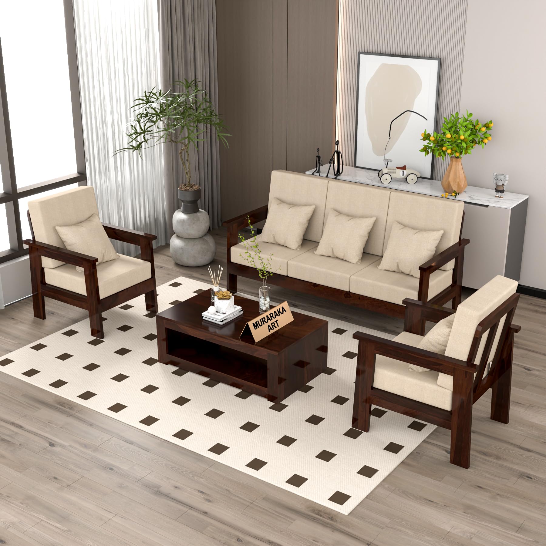 MURARAKA ART Sheesham Wooden 5 Seater Sofa for Living Room | Solid Wood Sofa | Rosewood Sofa Set for Home & Office | Lounge (Walnut, 3+1+1 Seater)