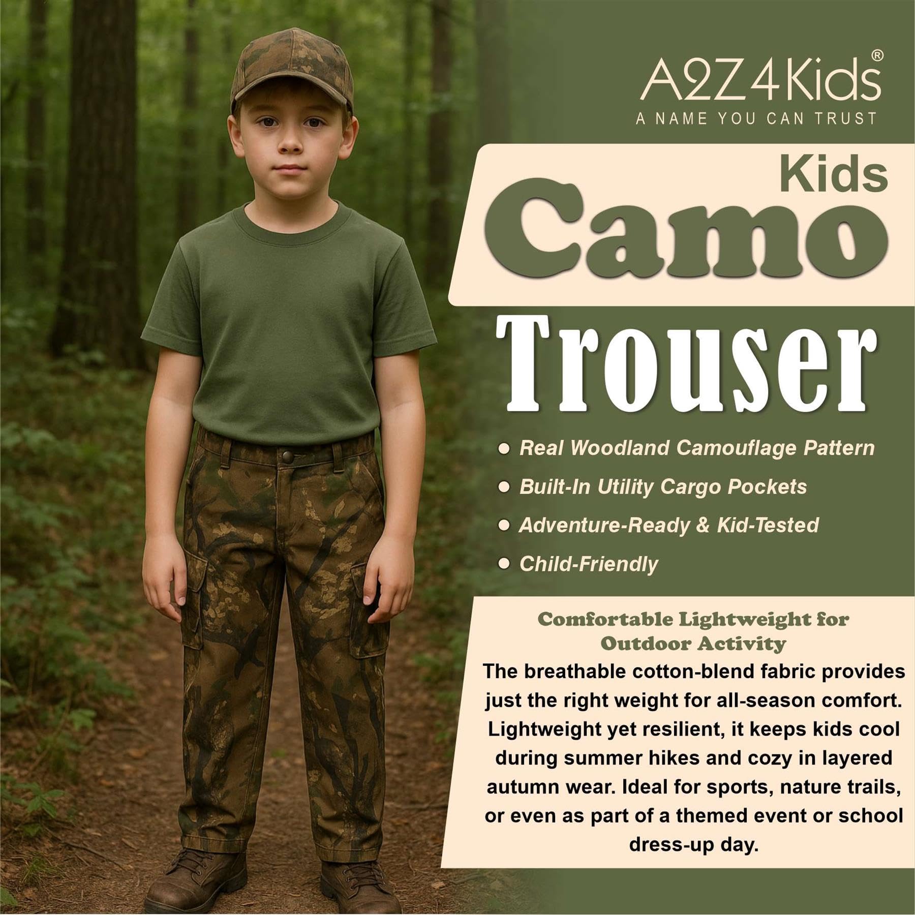 A2Z 4 Kids Pantaloni cargo mimetici da bambino, stile militare, con tasche e chiusura con zip/bottone, ideali per scuola, giochi estivi, escursioni e divertimento all'aperto, età da 6 a 14 anni