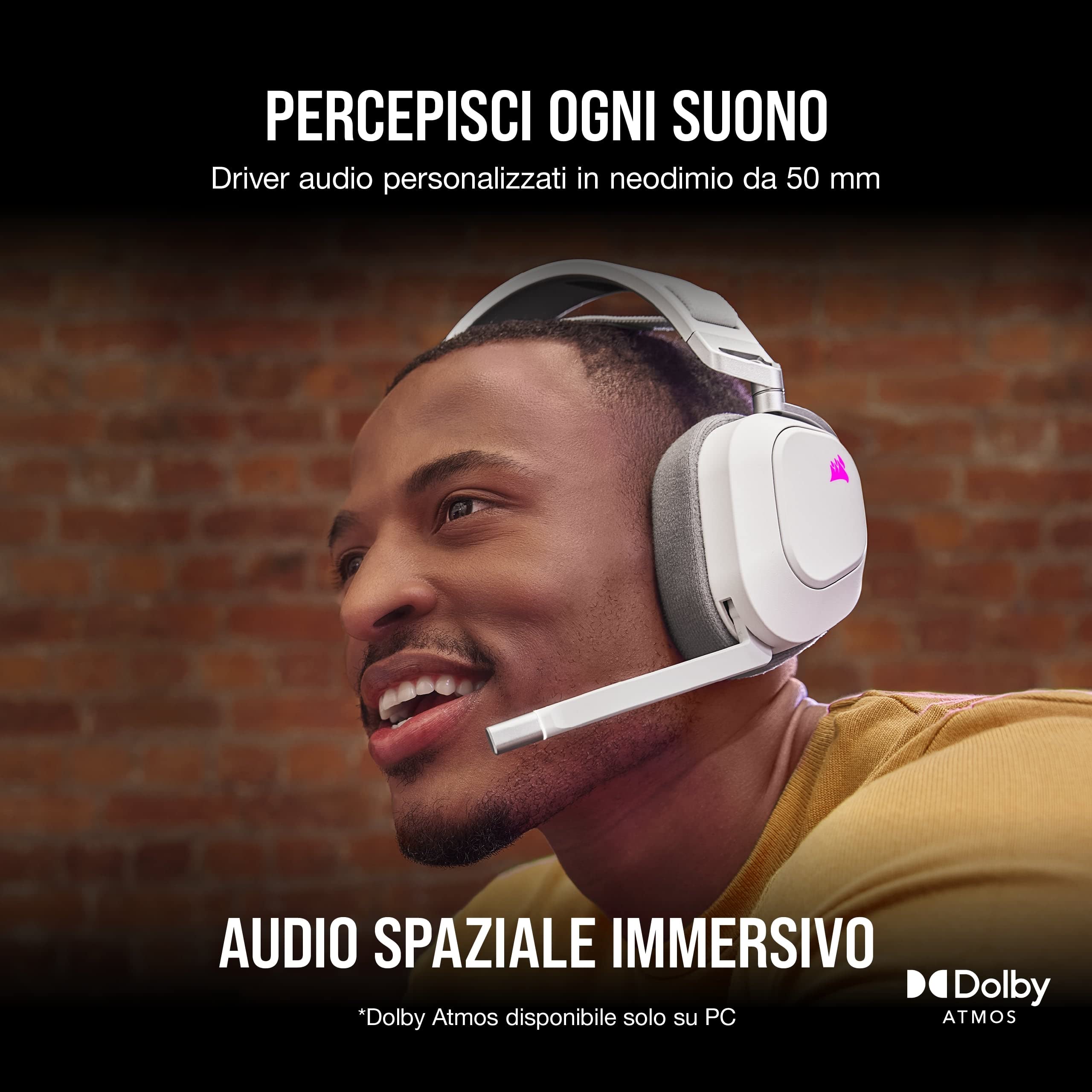 CORSAIR HS80 RGB WIRELESS Cuffie da Gioco Multipiattaforma - Dolby Atmos - Microfono Omnidirezionale - Compatibile con iCUE - PC, Mac, PS5, PS4 - Bianco
