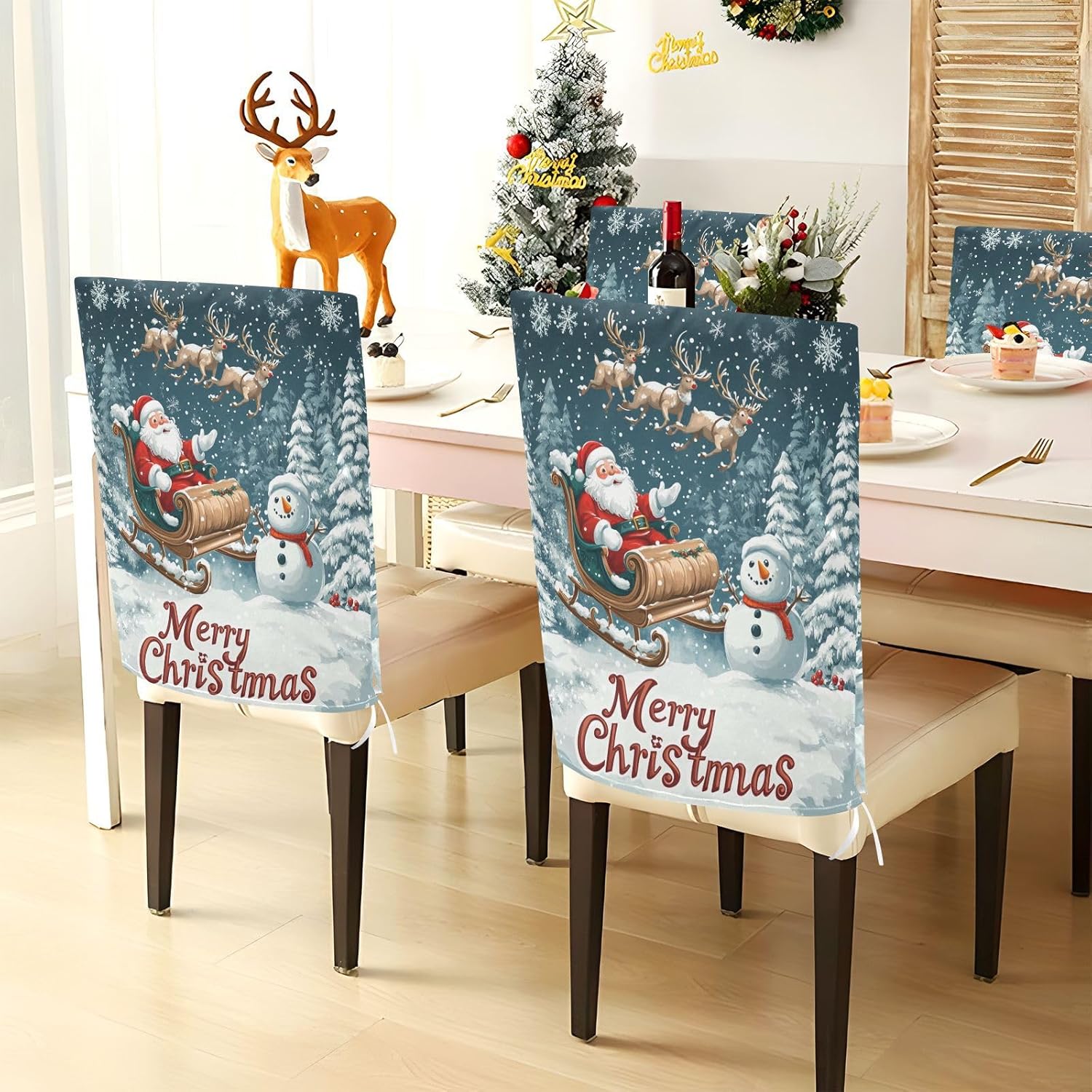 MNSRUU Christmas Chair Back Cover for Dining Room,Santa Claus Chair Slipcovers Set of 6, Snowman Chair Cover for Kitchen Hotel Holiday Party Decor,110