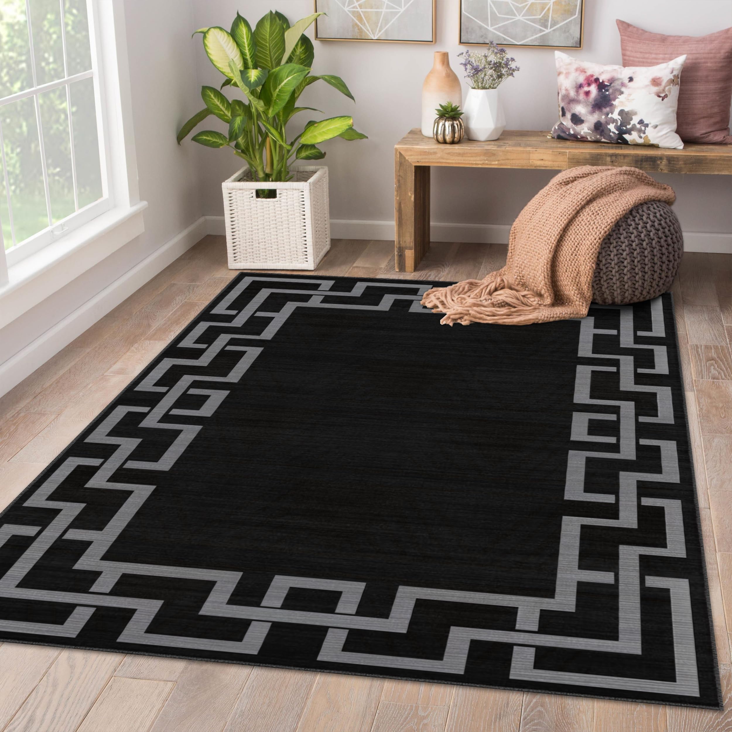 AMEHA Rugs Living Room Large 160x230 cm - Black Area Rugs for Bedroom Non Slip - Modern Carpet Non Shedding Greek Key Style Durable Soft Low Pile Bedside Rug for Kids Room Easy to Clean (Nico Black)
