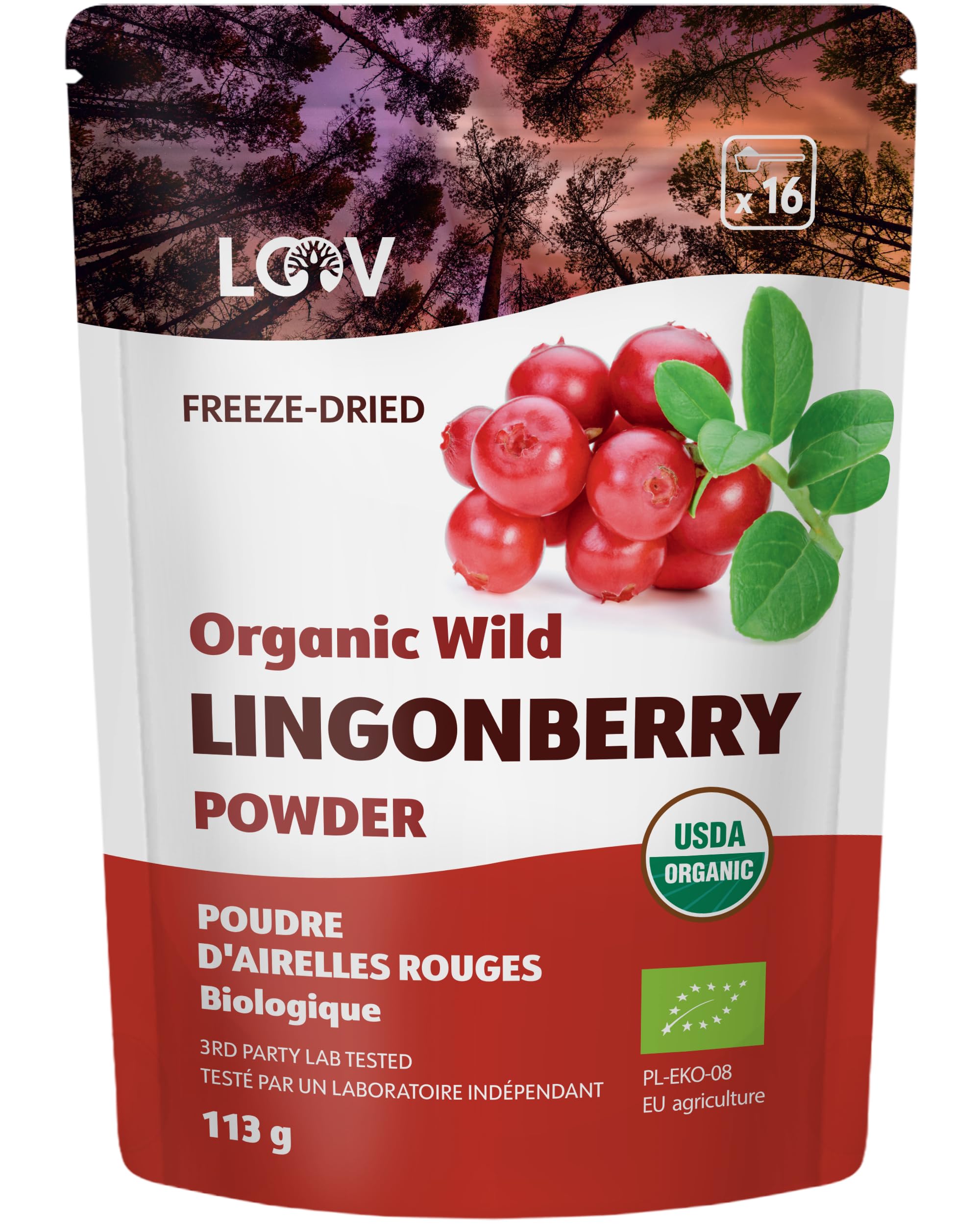 Organic Wild Lingonberry Powder, Freeze-Dried and Powdered, from Nordic Forests, 4 oz, 22-Day Supply, Raw