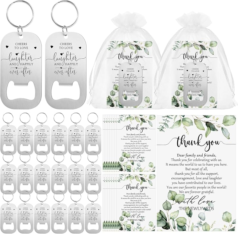 Reallnaive 100 Sets Wedding Gifts for Guests Cheers to Love Laughter and Happily Ever After Opener Beer Opener Keychain Bottle Opener Keychain Thank You Card Organza Bags Bridal Shower Souvenirs