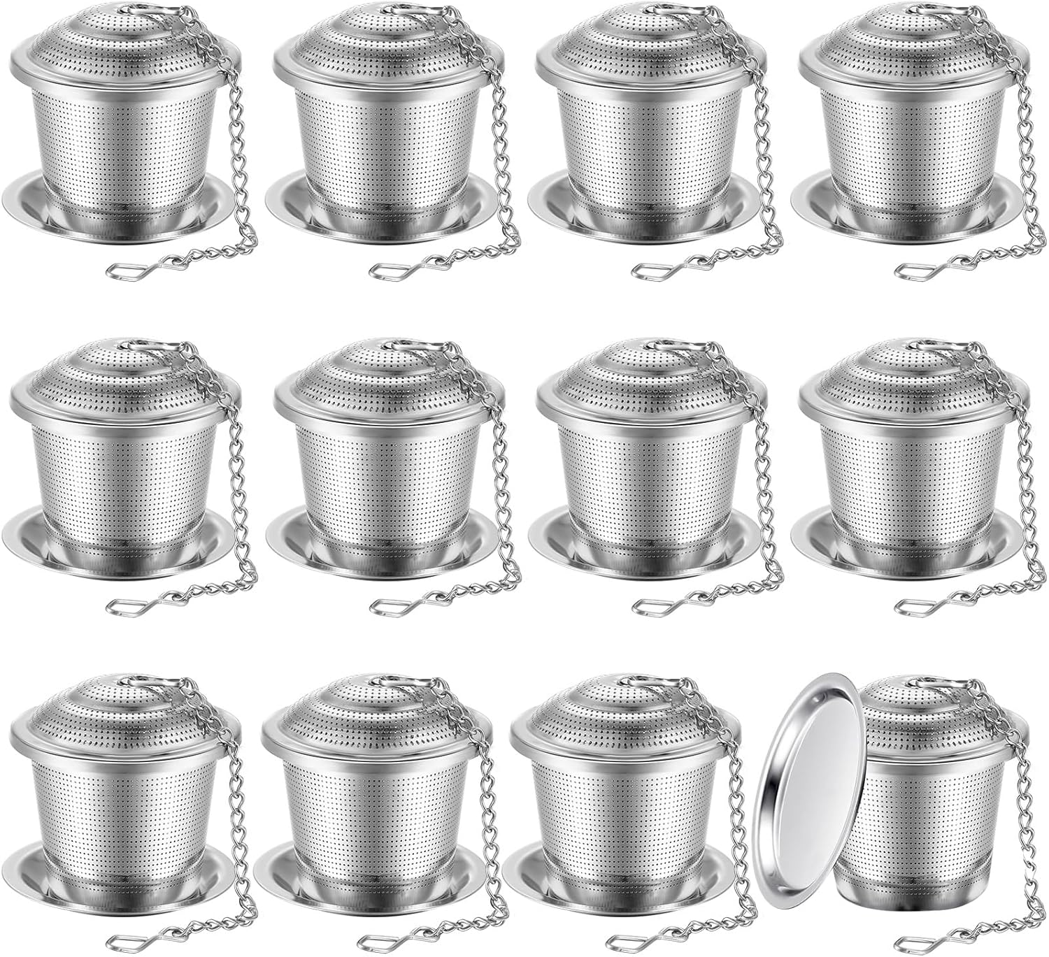 Zopeal 12 Pcs Tea Infuser Stainless Steel Strainer with Extended Chain Hook and Saucer Loose Leaf Steeper Fine Mesh Ball Tea Filter for Brew Spices Seasonings Fits Cup Mug Bottle (Medium)