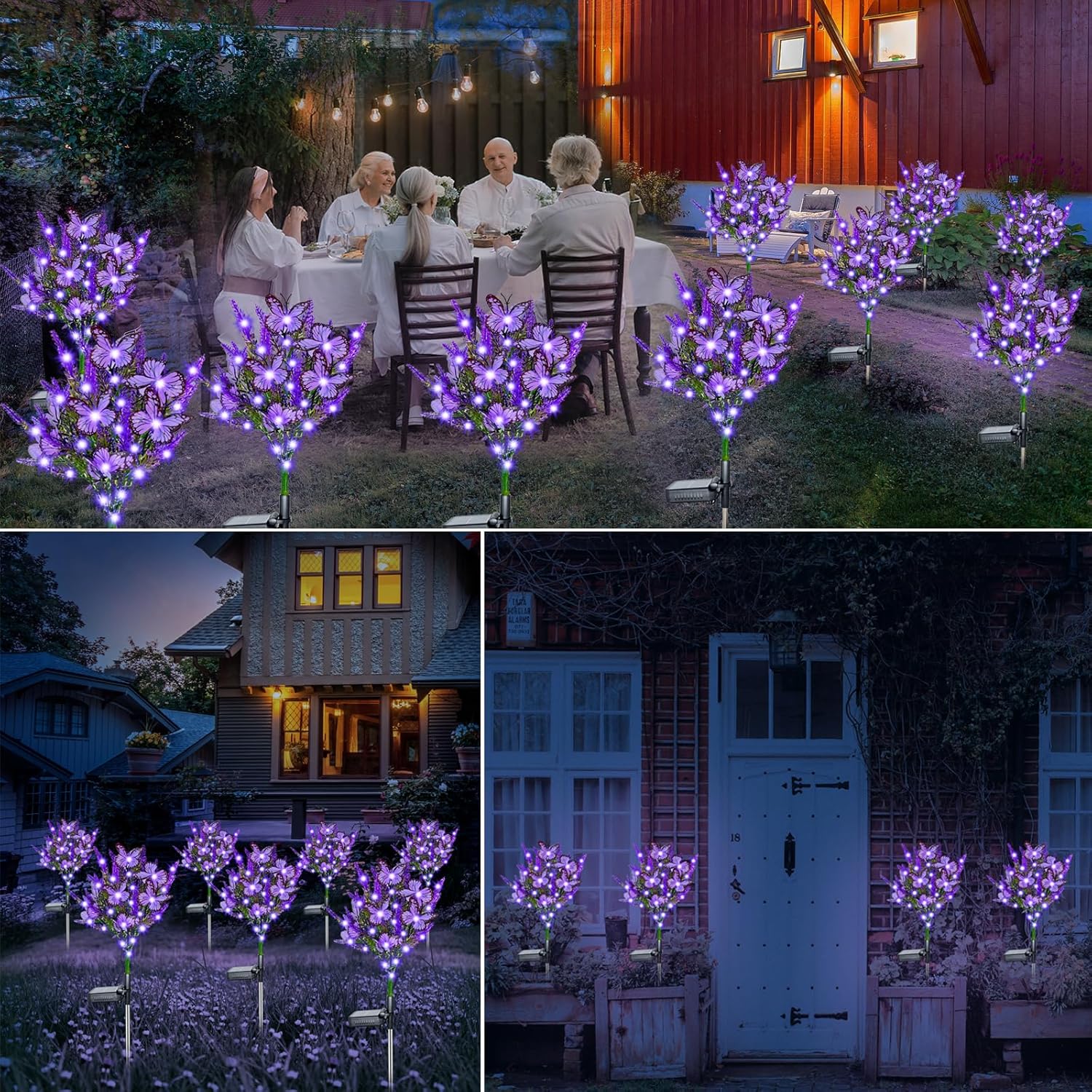 Solar Garden Flower Lights Artificial Lavender Outdoor Lights with Butterflies Waterproof for Yard Patio Lawn Pathway Landscape Decoration (Purple Lights)