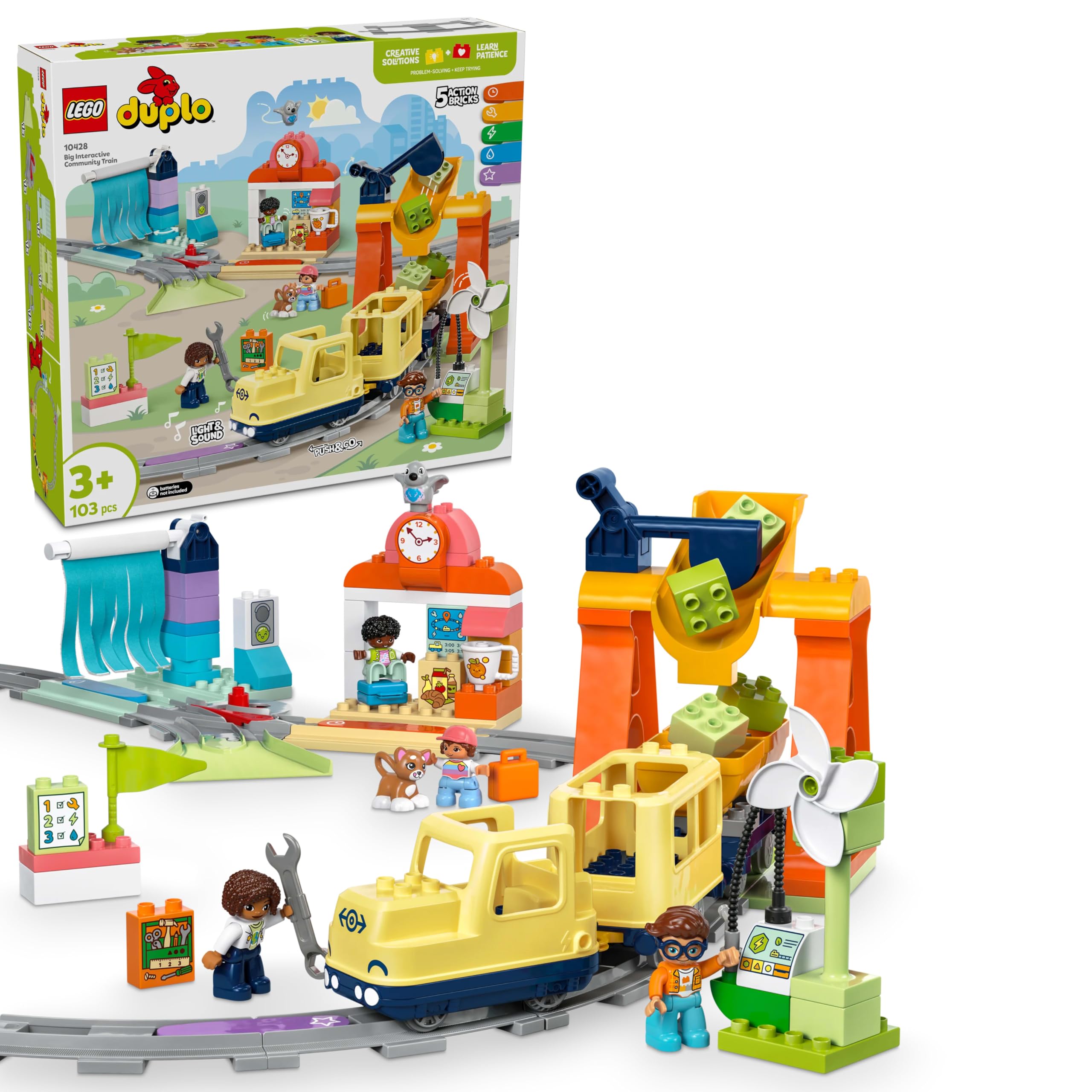 LEGO DUPLO Duży interaktywny pociąg miejski 10428 | zestaw kolejowy, interaktywna zabawka, prezent dla chłopca i dziewczynki 3+, światło i dźwięk, 103 elementy