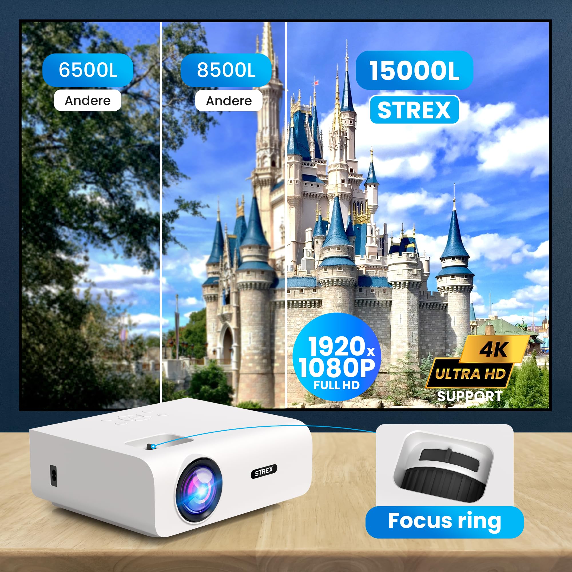 Strex Proiettore - 1080P Full HD - 15000 Lumen - Streaming Wireless - Include Borsa/Schermo di proiezione - WiFi - Bluetooth - Mini proiettore - Proiettore