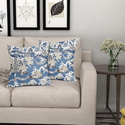 Miniatura 6 de Granbey Chinoiserie - Juego de 2 fundas de almohada elegantes asiáticas escénicas de 18 x 18 pulgadas, pagoda azul marino y blanco, fundas de