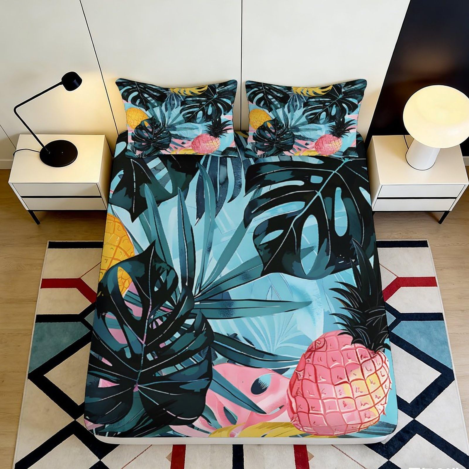 3D Printed Tropical Leaves Fitted Sheet Microfiber Bedroom Decor Pineapple Mattress Cover for Home Guest Room Dorm 90x200x25cm
