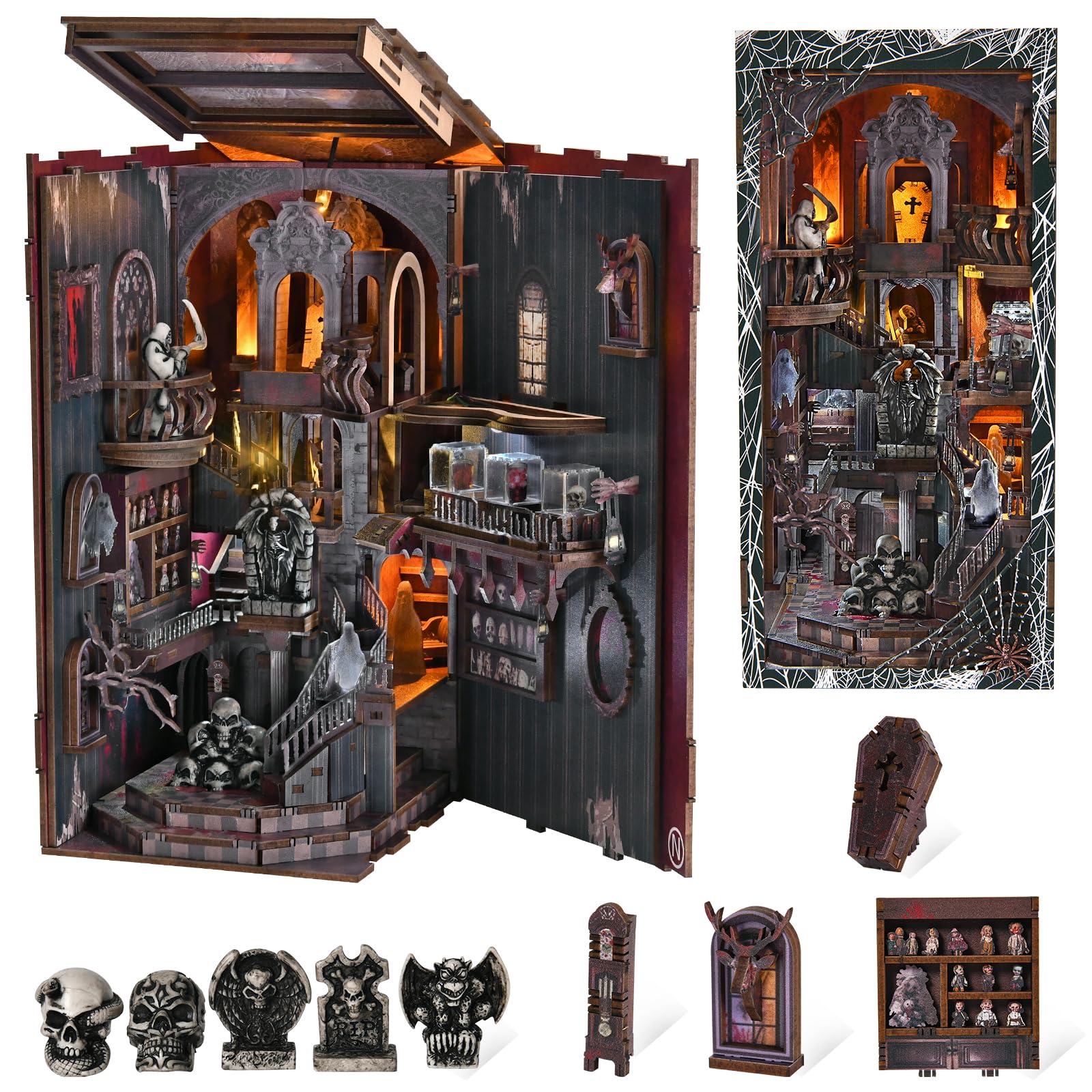 MiniCity DIY 3D Wooden Puzzle Book Nook Bookshelf Insert Decor with LED Light and Dust Cover (Haunting Relics)