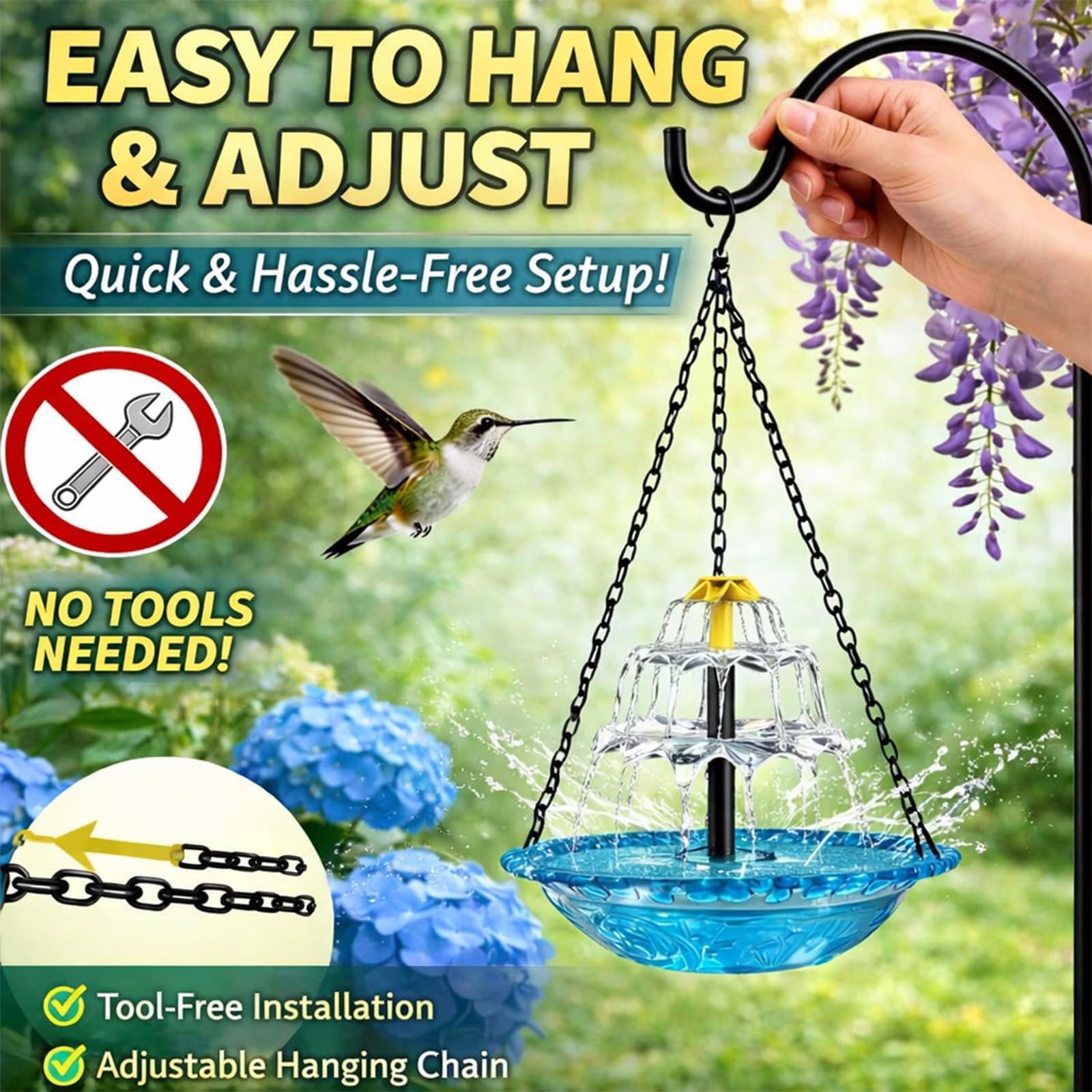 Vaschetta per Uccelli Appendibile con Fontana Solare a Cascata, Vaschetta per Uccelli con Pompa Solare Appendibile, Acqua Appendibile, Attrae Colibrì e Uccelli Selvatici, Decorazione da Giardino