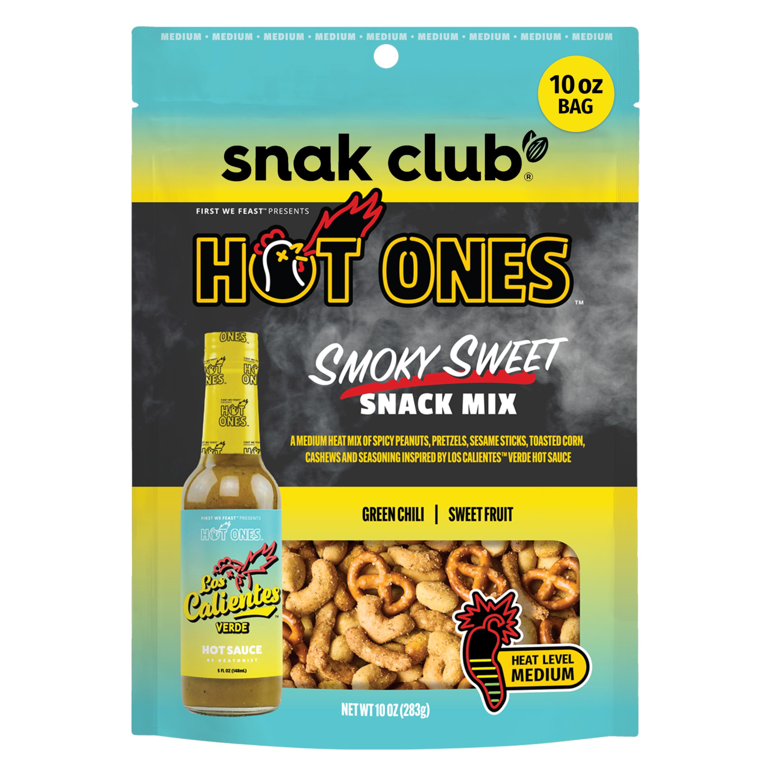 x Hot Ones Snack Mix, Smoky Sweet, Spicy Snacks with Peanuts, Pretzels, Sesame Sticks, Toasted Corn, Cashews, Inspired by Hot Ones, Vegan Snack, 10 oz Resealable Bag