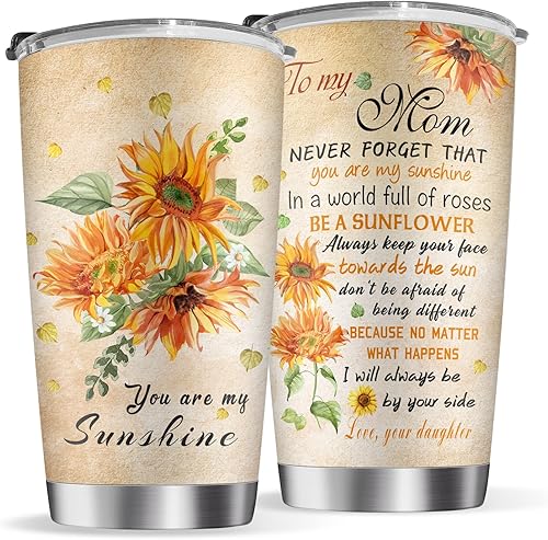 Qnyko Taza de café con diseño de girasol para cumpleaños o Navidad, regalo del día de la madre, vaso de acero inoxidable con tapa para el día de la