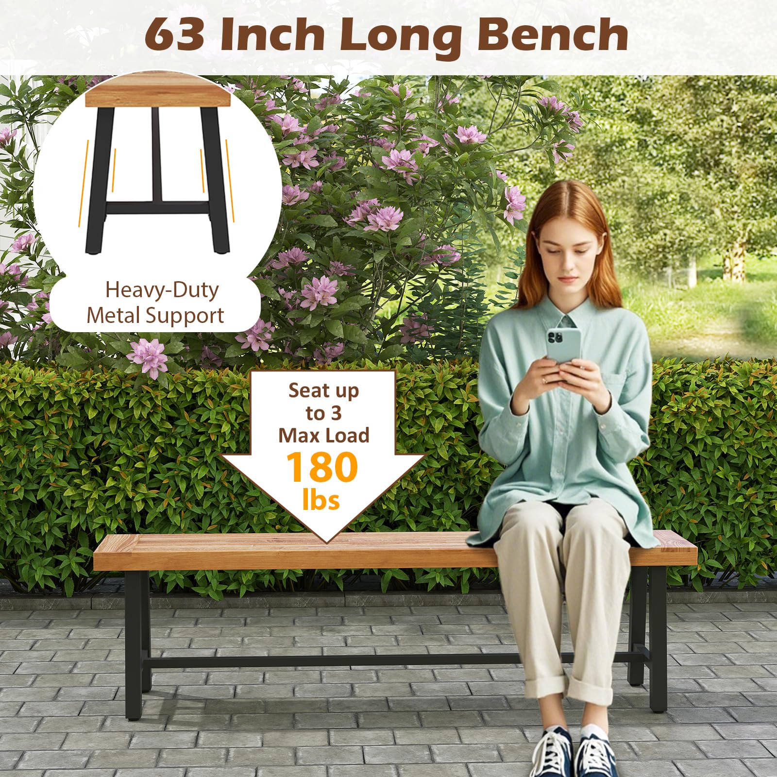 Outdoor Bench Garden Bench, 63" Backless Acacia Wood Bench with Heavy-Duty Metal Legs, Patio Dining Bench Front Porch Benches for Outside, Yard & Garden