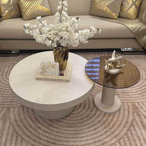 Mesas de centro redondas anidadas, mesa central blanca cremosa y juego de mesa auxiliar de vidrio templado, mesas auxiliares modernas para sala de