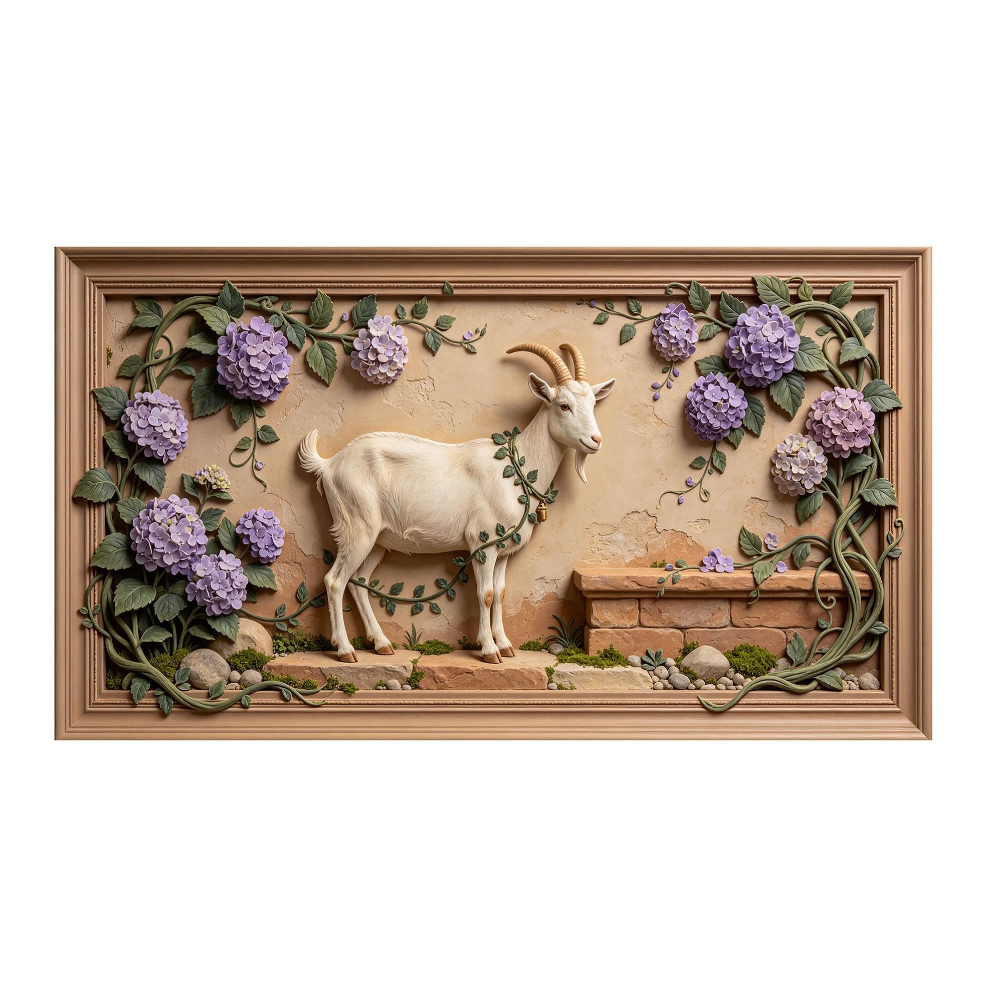 Murasolite 3D 3D Framed Wall Art 50cm×90cm Pastoral Goat and Hydrangea Floral Relief Effect SelfAdhesive Fabric Mural Wall Decor, Peel and Stick No Damage to Wall for Bedroom Living Room