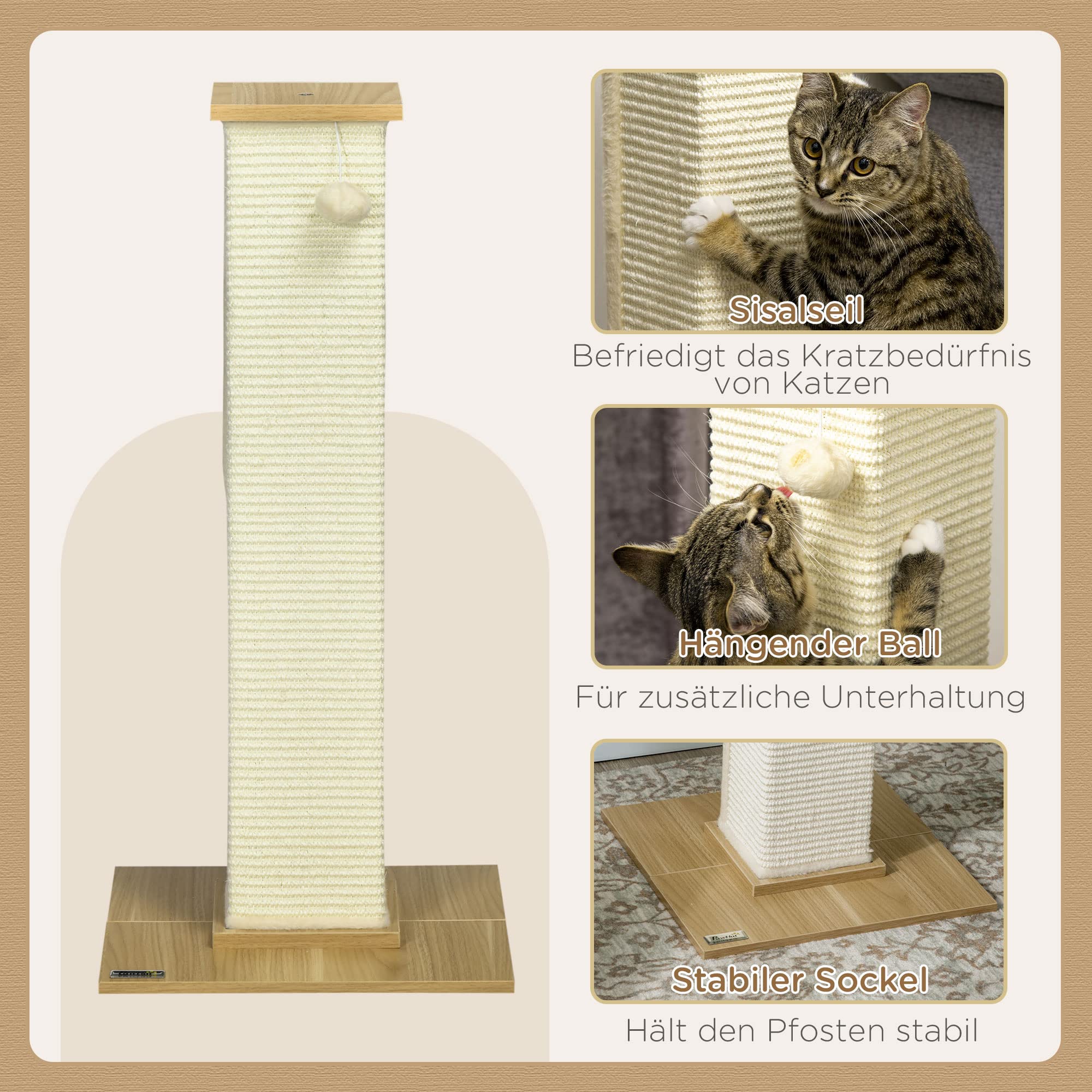PawHut Kratzsäule 80 cm hoch für Katzen bis 5 kg Sisalseil Eiche+Cremeweiß | Kratzstamm, Kratzbaum, Spielball, Kratzbrett