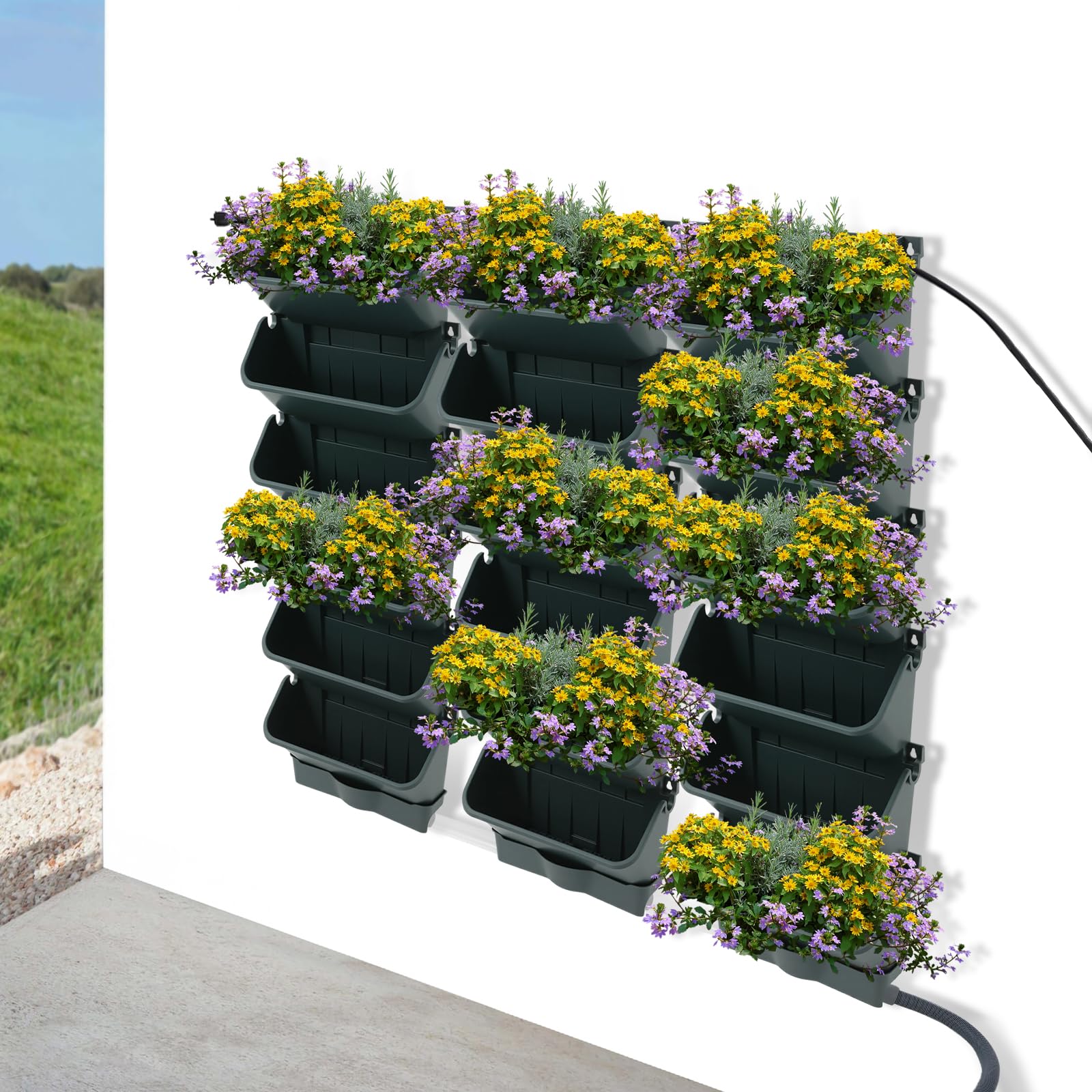 Plante murale verticale suspendue avec système d'irrigation automatique, pot de fleurs mural vertical à suspendre avec 18 pots, pot de fleurs de jardin vertical avec minuterie (vert)