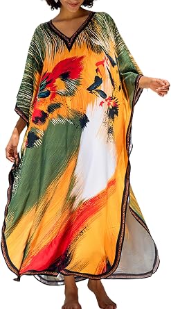 Chunoy Women Kaftan V Neck Casual Bathing Suit Kimono Sleeve Side Split Beach Cover Up Caftan Dress