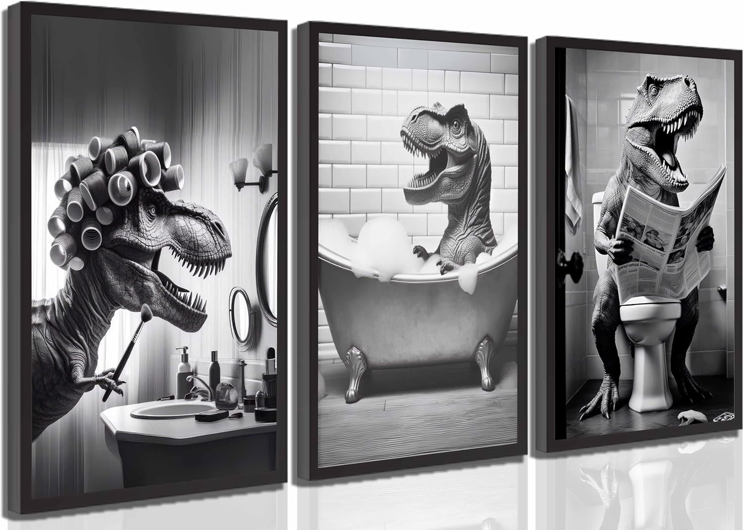 3Pcs Fun Dinosaur Bathroom Canvas Wall Art humorous Black and White Animal Toilet Reading Newspaper Painting Pictures Wall Decor Posters Print Artwork for Washroom Lavatory Home Decoration