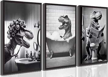 3Pcs Funny Bathroom Dinosaur Canvas Wall Art Dinosaur Sitting on The Toilet Reading The Newspaper Taking A Bath And Putting On Makeup Pictures Wall Decor Print Artwork for Toilet Washroom Unframed