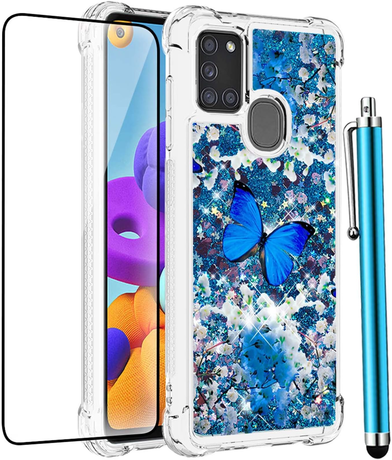 for Samsung Galaxy A21S Case, A21S Phone Case with Screen Protector, Cute Glitter Bling Floating Liquid Shockproof Soft TPU Slim Silicone Women Girls Protective Cover Bumper -Blue Butterfly