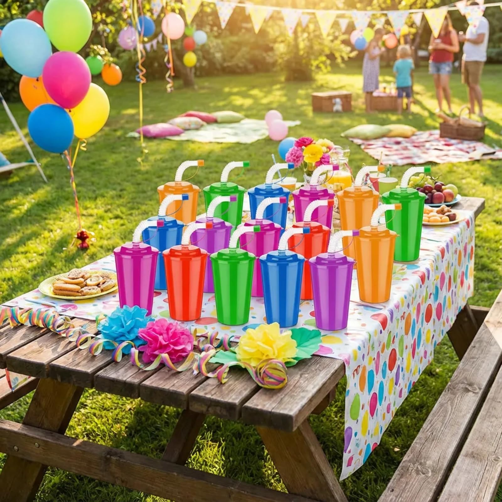 Zubebe Vasos de neón de 12 onzas, vasos de neón coloridos con tapas y popotes, vasos de plástico a prueba de derrames, vasos reutilizables para fiestas de cumpleaños, suministros de eventos, 6 colores