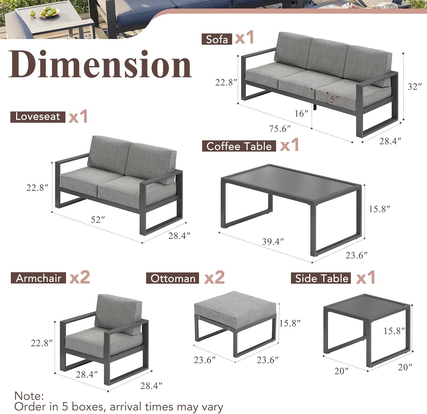 Green4ever Aluminum Patio Furniture Set, 8 Pieces Modern Outdoor Conversation Set All-Weather Metal Sectional Couch Sofa Upgraded Foam-Filled Cushions with Ottoman and Coffee Table (Grey)