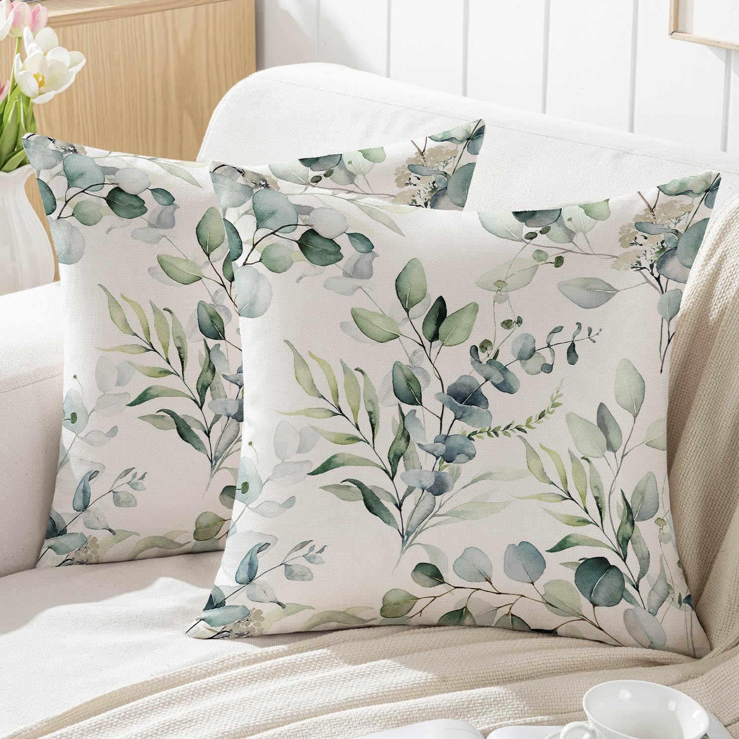 Set Di 4 Federe Per Cuscini Decorative Primaverili 45x45 Cm - Foglie Di Eucalipto Verdi - Stile Country