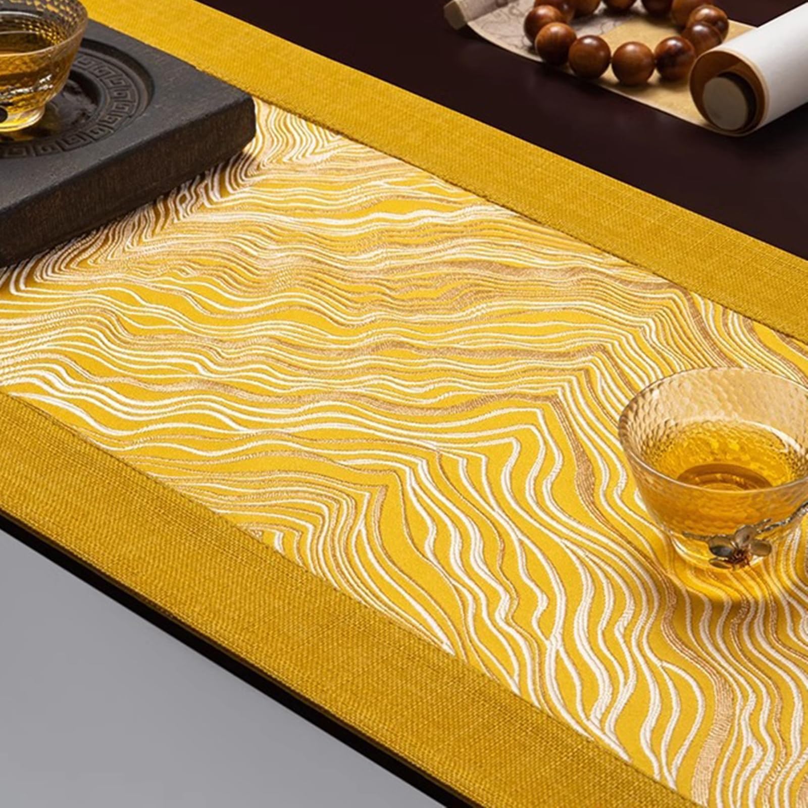 Runner da Tavolo Cotone Lino 33x210 cm, Runner da Tavola Moderno Lavabile Motivo Onde Jacquard A Tema Zen con Nappe Decorazioni per Tavolino da Compleanni Matrimoni, Giallo