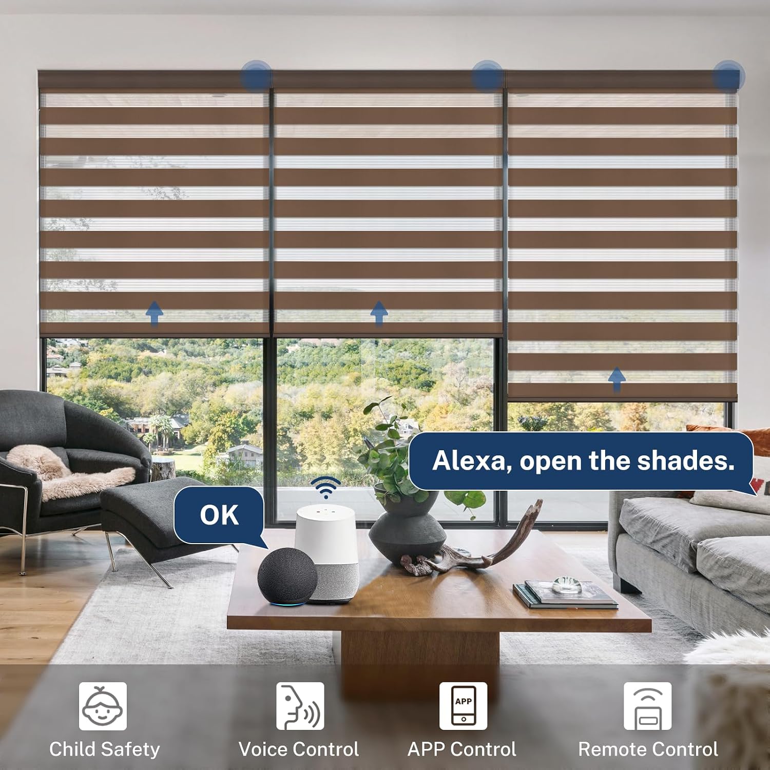 Keego Remote Control Window Blinds Alexa Automatic Shades Smart Motorized Zebra Blackout Blinds Custom Size for Living Room, Home and Kitchen(Light Filtering-Brown,58Wx60H)