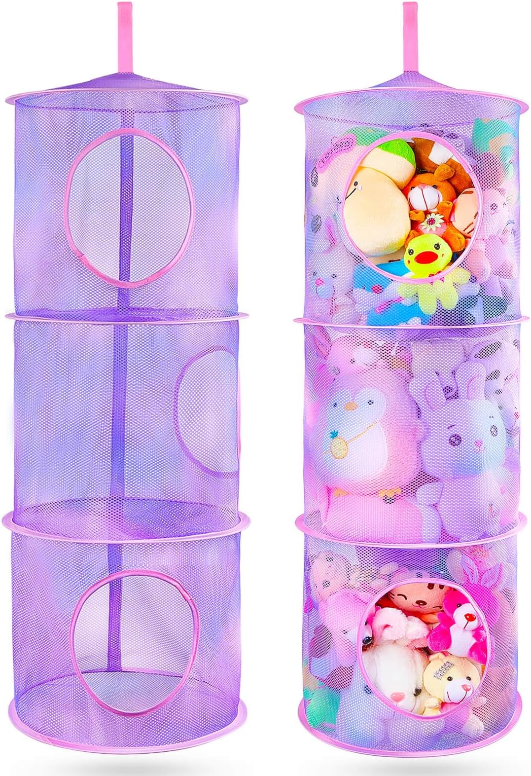 Basumee Stuffed Animals Net or Hammock 2 Pcs Stuffed Animals Storage Toy Net Hammock for Plushies Storage Organizer Mesh Kids Girls Room Decor, Purple, 3 Tiers