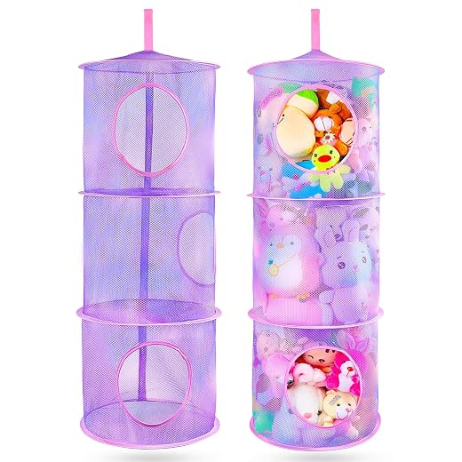 Basumee Stuffed Animals Net or Hammock 2 Pcs Stuffed Animals Storage Toy Net Hammock for Stuffed Animals Organizer Mesh Hammock Kids Girls Room Decor, Purple, 3 Tiers